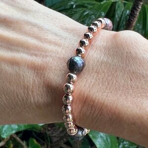 Rose Gold-Filled Beaded Stretch Bracelet Faceted Iridescent Pearls Handmade
